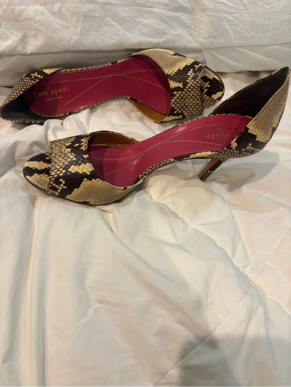 kate spade Snake-Print Peep Toe Heels with Pink Insole